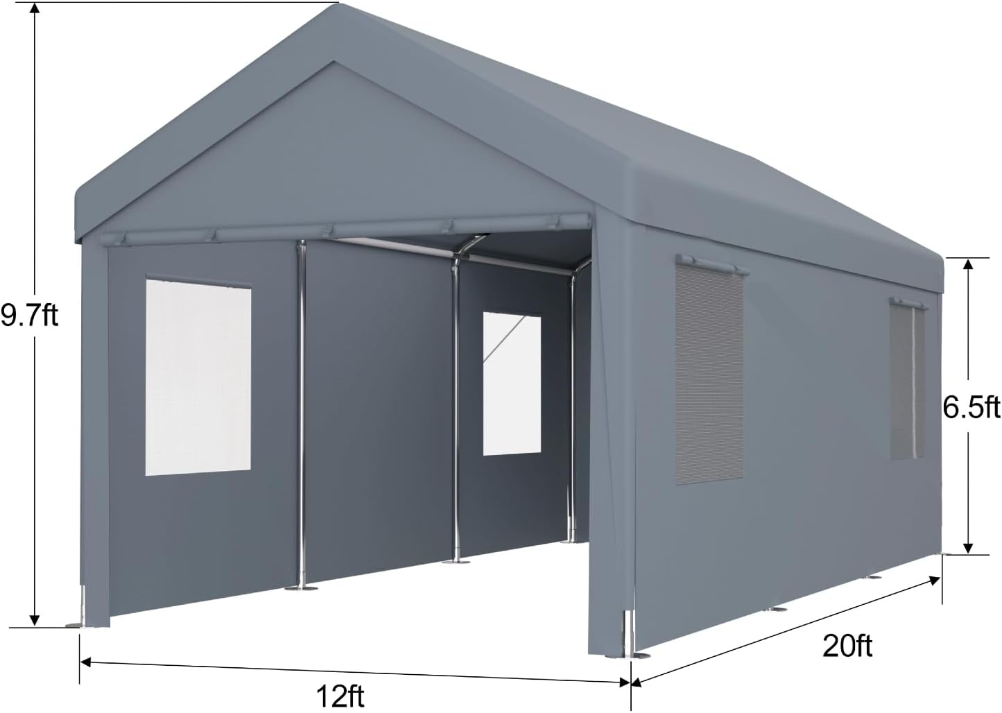 12x20FT Canopy, Outdoor Portable Garage with 2 Roll-Up Doors & 4 Ventilated Windows, Patio Camping Heavy Duty Car Port Canopy with PE Cover, Ground Pegs & Steel Cables, Easy Assembly, Grey