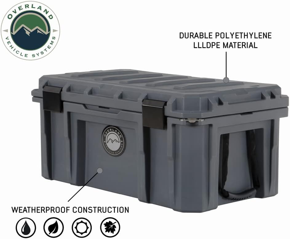 Overland Vehicle Systems 40100011 Dark Gray 95 QT Dry Box Storage with Drain and Bottle Opener | Waterproof Seal | Heavy-Duty Latches and Nylon Handles | Keeps Gear Safe, Dry and Organized