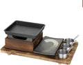 Compact Tabletop BBQ Grill Set with Wooden Stand, Portable Alcohol Barbecue Stove for Indoor Cooking, Outdoor Picnics, Camping, Small Parties(Medium)