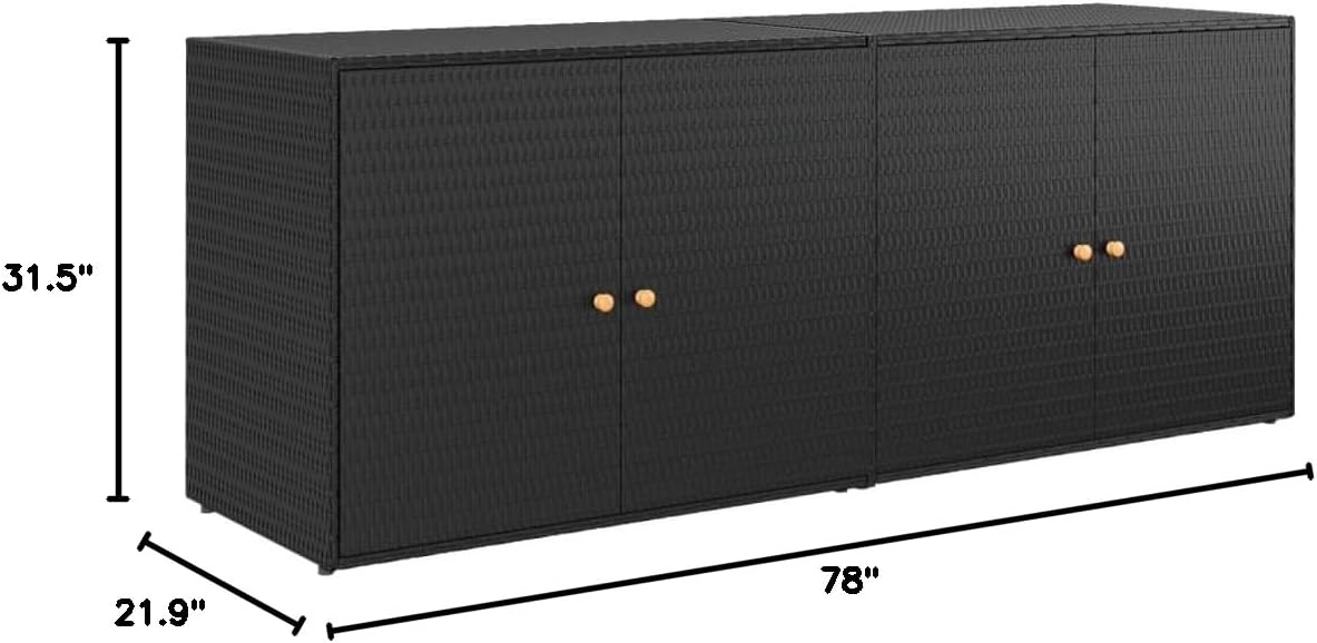 Black Modern Outdoor Garden Storage Cabinet Deck Box 78' x 31.5' x 21.9' Poly Rattan & Steel