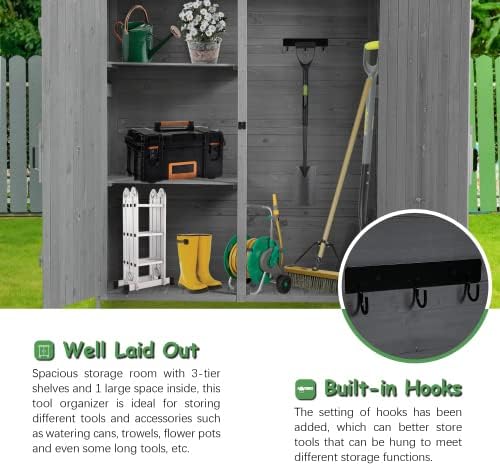 Outdoor Storage Cabinet- Garden Storage Shed- Lockable Wooden Storage Sheds Organizer for Home, Yard, Outdoor 56'L x 19.5'W x 64'H (Gray + Solid Wood)