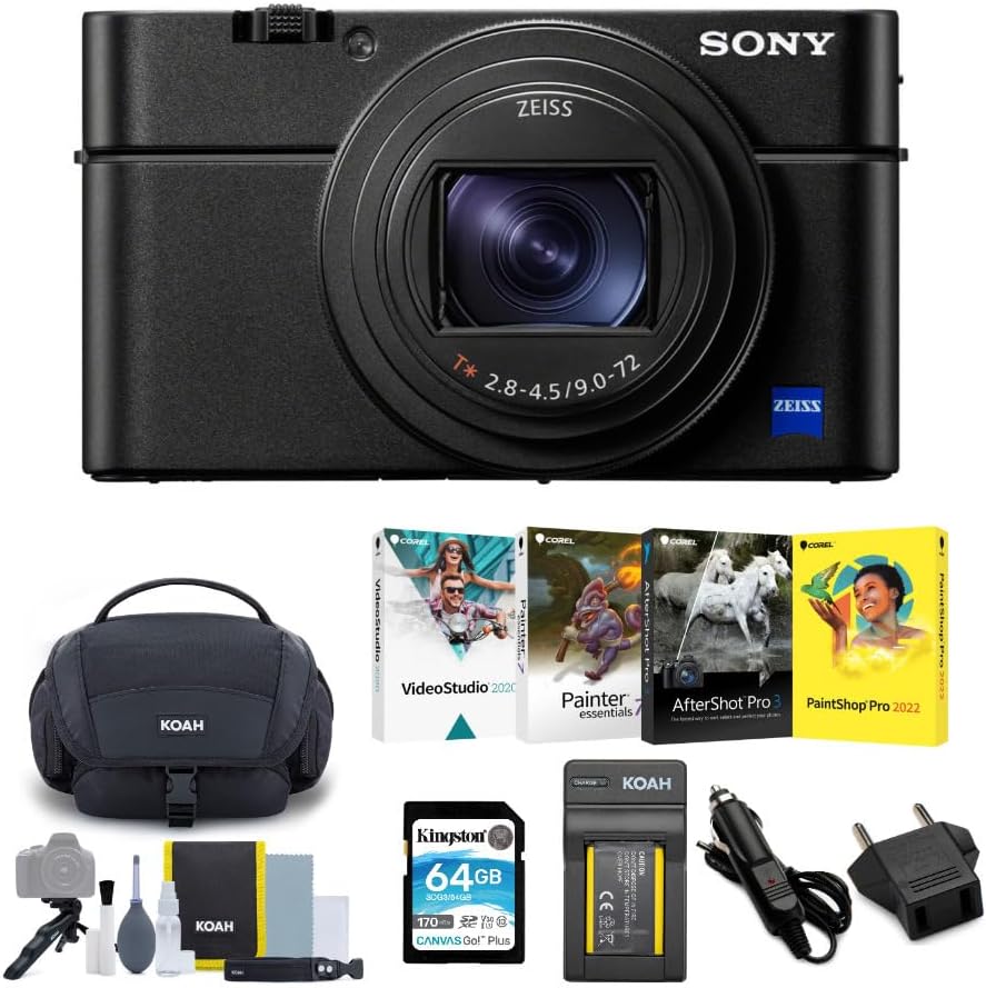 Sony DSC-RX100 VII Cyber-Shot Digital Camera Bundle with The Photo, Video, and Art Suite, Lithium-Ion Battery Pack, Carrying Case, and 64GB SDHC Memory Card (6 Items)