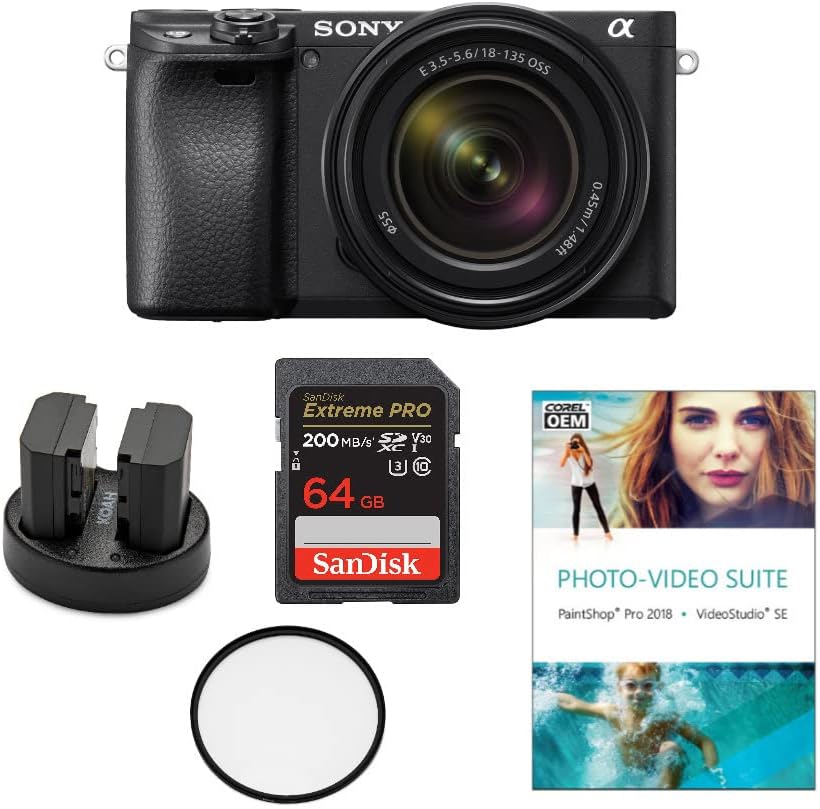 Sony Alpha a6400 Mirrorless Digital Camera with 18-135mm Lens (Black) with Photo and Video Suite, Memory Card, Rechargeable Battery (2-Pack) and Dual Charger, and Lens Protection Filter (6 Items)