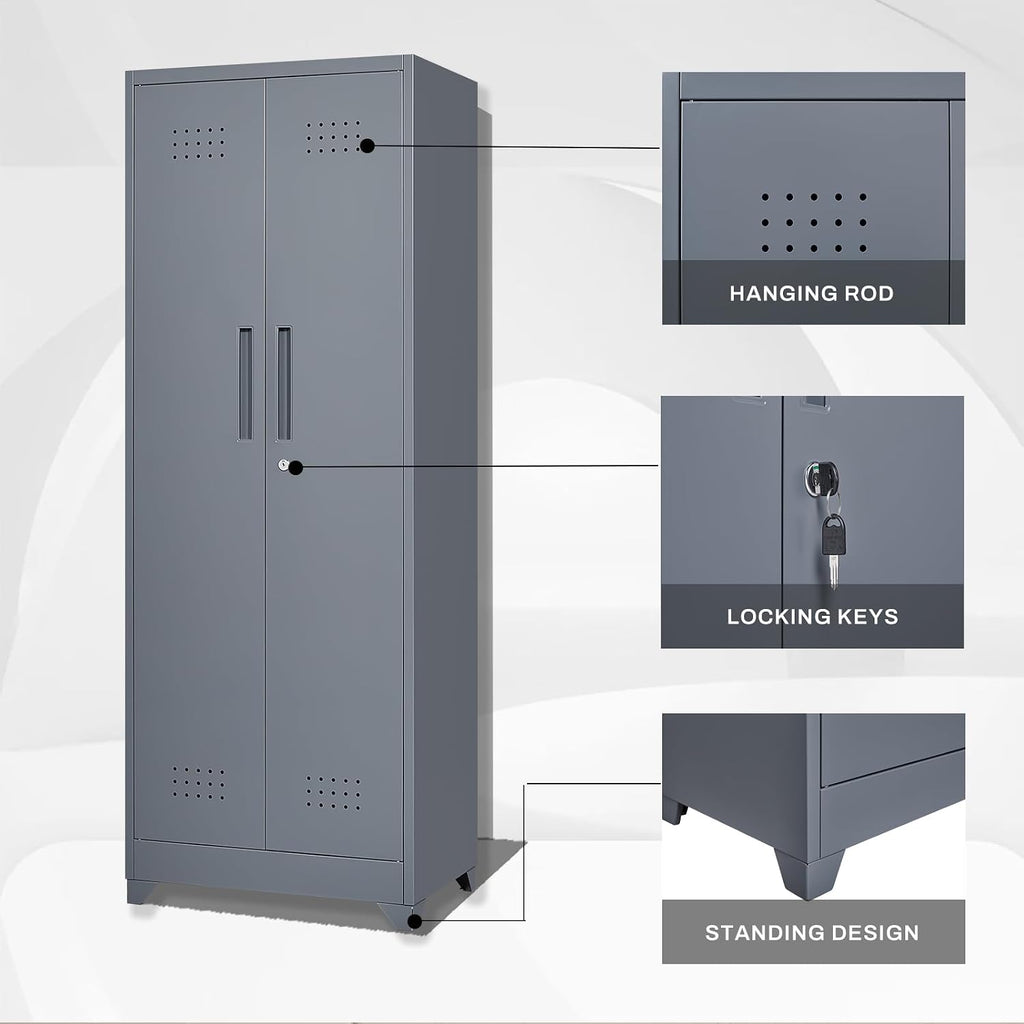65' H Metal Storage Cabinet,Broom Closet Storage Cabinet with Adjustable Shelves,Locking Steel Cabinets with Pegboard and Hanging Rod,Utility Closet for Brooms and Mops,Grey