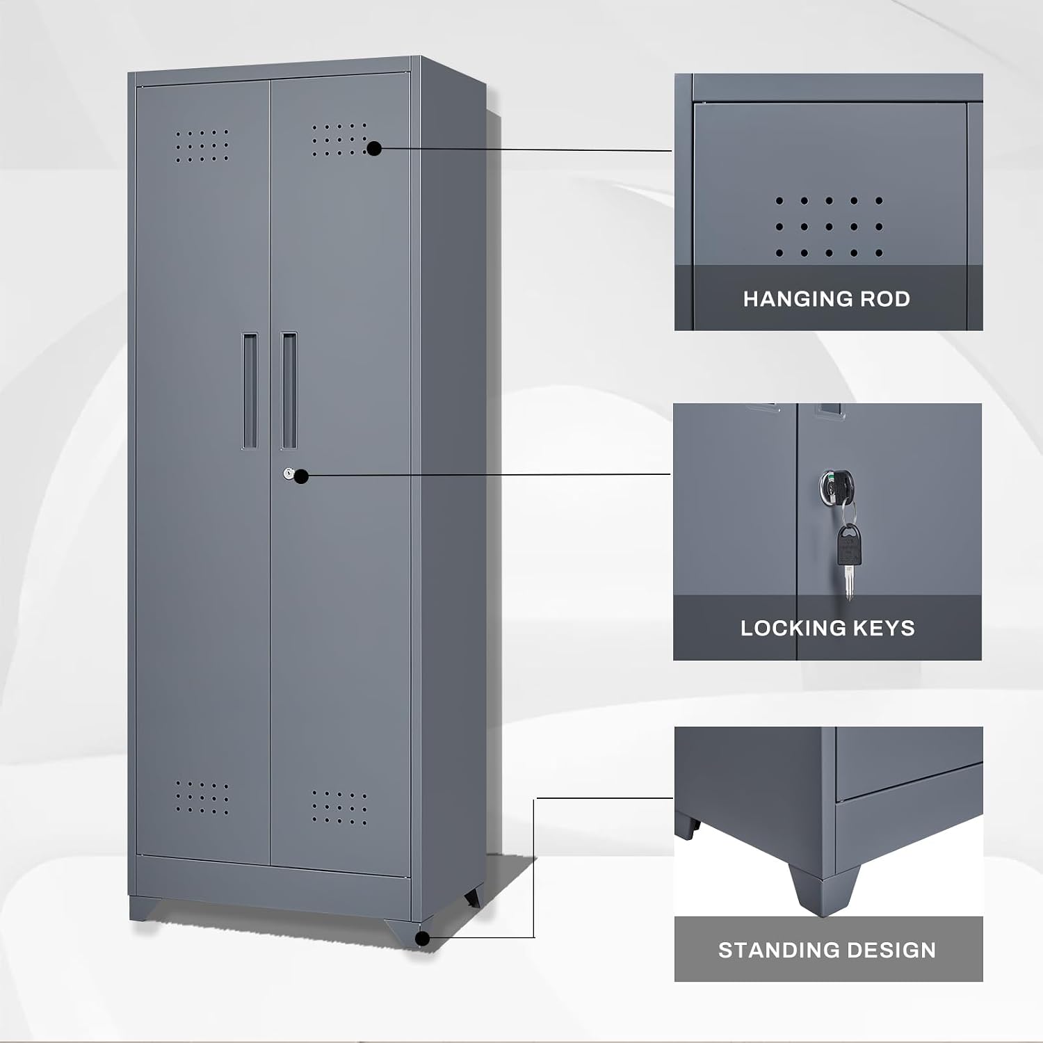 65' H Metal Storage Cabinet,Broom Closet Storage Cabinet with Adjustable Shelves,Locking Steel Cabinets with Pegboard and Hanging Rod,Utility Closet for Brooms and Mops,Grey