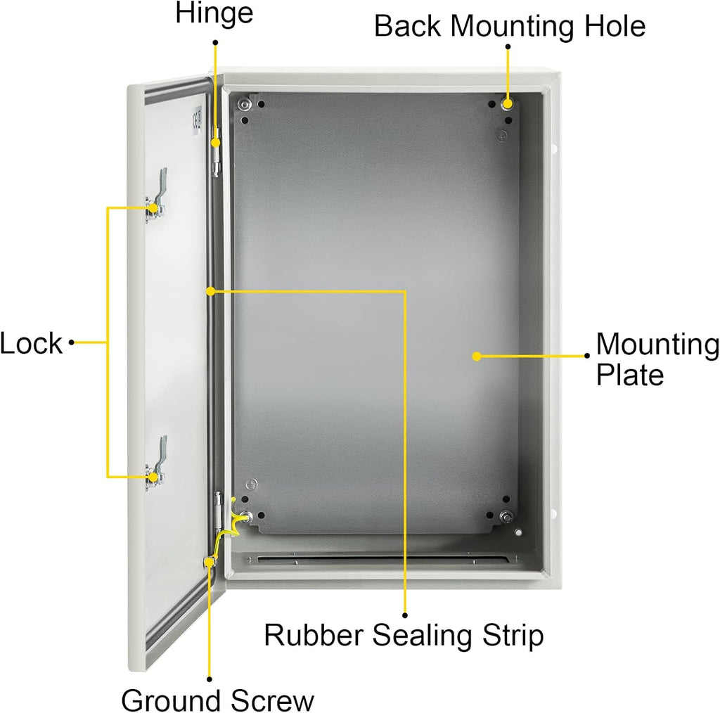 VEVOR NEMA Steel Enclosure, 24 x 16 x 10'' NEMA 4X Steel Electrical Box, IP66 Waterproof & Dustproof, Outdoor/Indoor Electrical Junction Box, with Mounting Plate