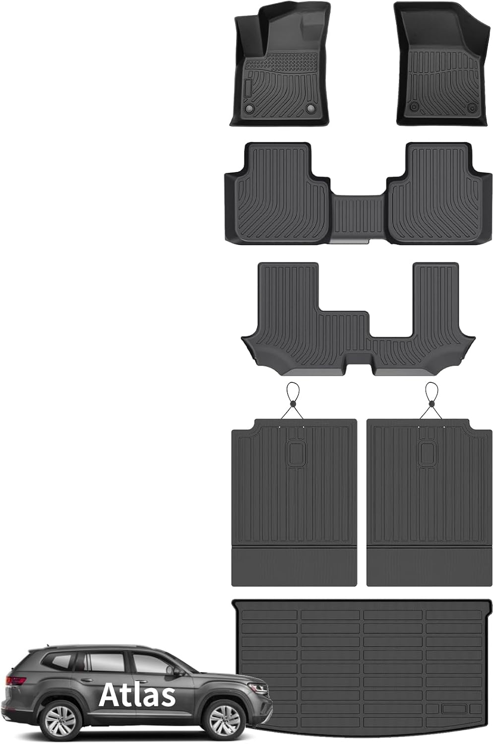 Wayhigh® Floor Mats & Backseat Cargo Liner for Volkswagen Atlas 2018-2026 7 Passenger Bench, All Weather TPE Car Mats Waterproof Heavy Duty Floor Liners Custom Fit for Atlas Accessories