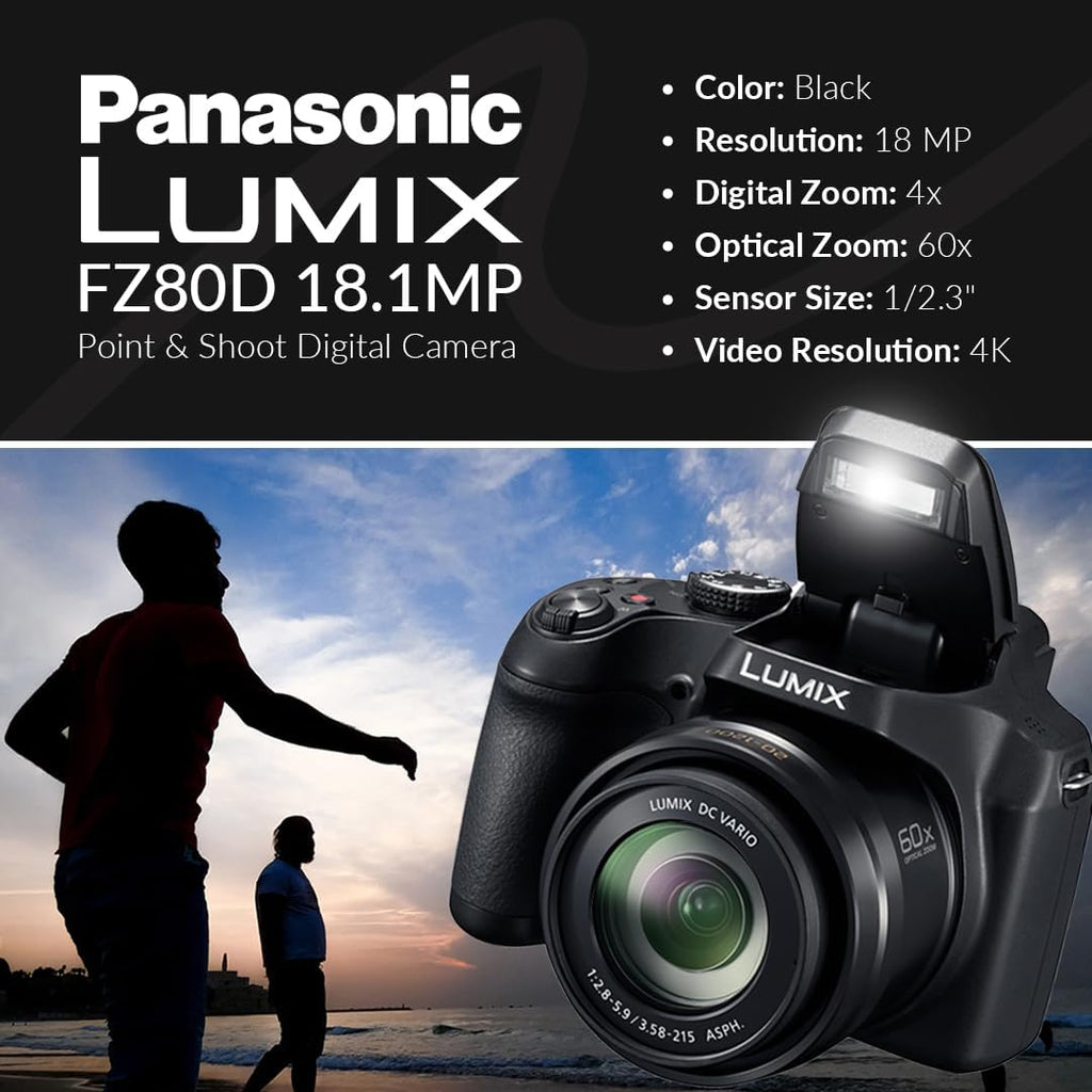 Panasonic LUMIX FZ80D 18.1MP Digital Camera | 4K Video, 60x Optical Zoom Point & Shoot | Bundle w/ 32GB SD Card, Shoulder Bag, Software Kit | Panasonic 1-Year Limited Warranty