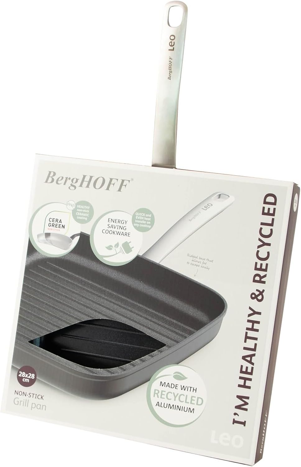 Berghoff Graphite Non-stick Ceramic Square Grill Pan 11', Recycled Aluminum, CeraGreen Non-toxic Nonstick Coating, Full Disk Bottom, Oven-to-Table Cookware