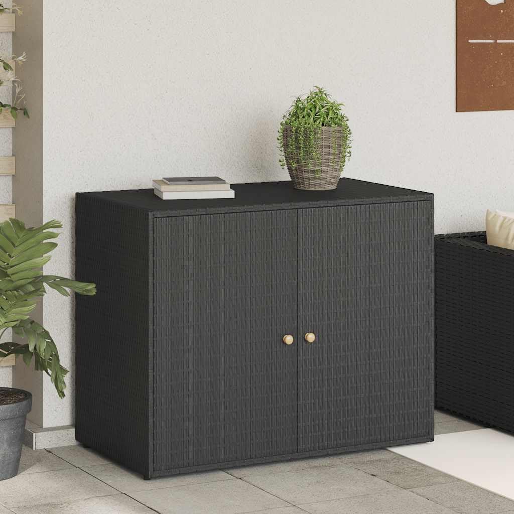 vidaXL Garden Storage Cabinet, Outdoor Tool Chest, Black Poly Rattan with Solid Acacia Wood Door Knobs, Powder-Coated Steel Frame, Weather-Resistant Design, 39.4'x21.9'x31.5'