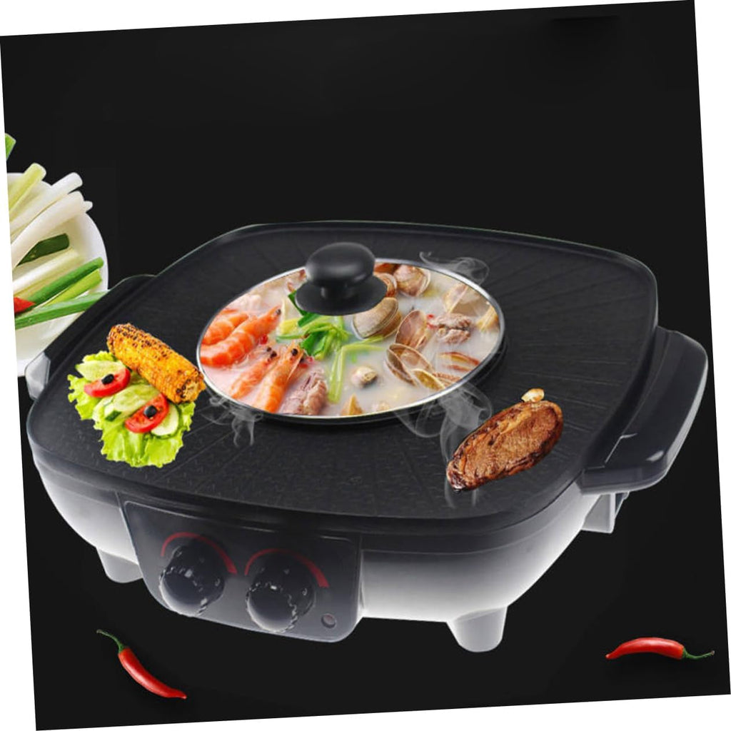 Indoor Electric Grill Bbq Pot Multi-function Hot Pot Cookware Smokeless Non-stick Surface Triangle Plug Electric Barbecue Grill for Family Restaurant