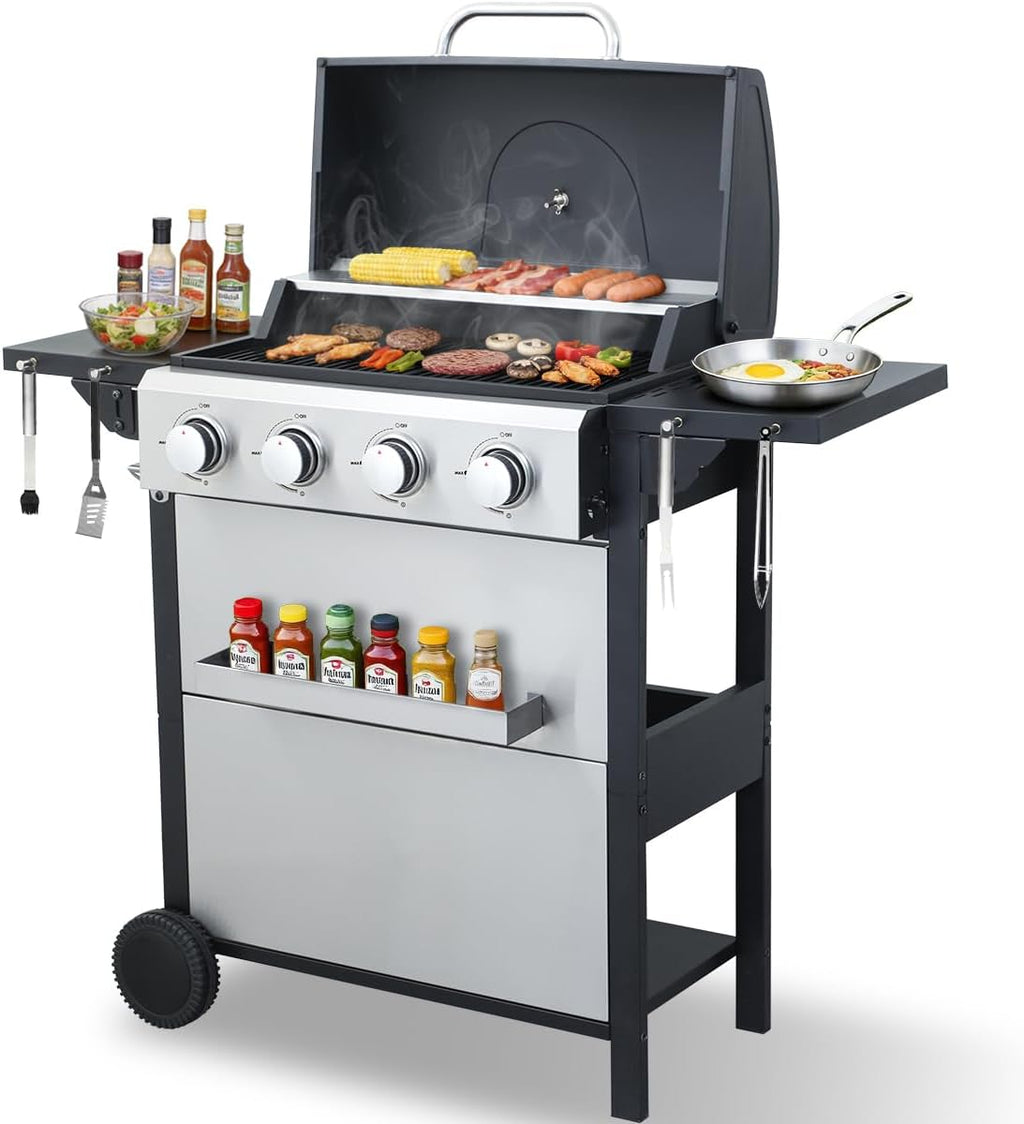 CIG GARDEN 4-Burner Propane Gas Grill, 42,000 BTU Stainless Steel BBQ with Foldable Side Tables, Outdoor Grill for Patio, Garden, Backyard & Camping