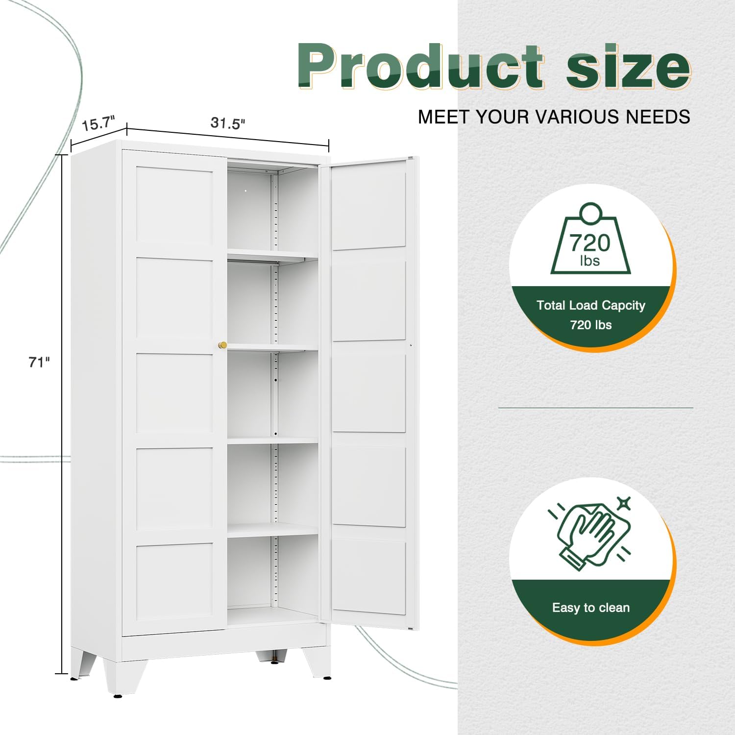 Letaya 71' H Metal Storage Cabinet with 2 Doors and 4 Shelves,Tall Kitchen Pantry Cabinets,Utility Pantry Organizers for Cupboard/Dining/Bathroom/Home Office/Garage (White, 71' H x 16' D x 32' W)