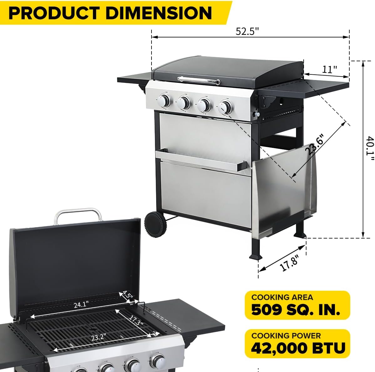 CIG GARDEN 4-Burner Propane Flat Top Grill, 42,000 BTU Stainless Steel Commercial-Style Griddle for Patio, Backyard, Camping & Outdoor BBQ