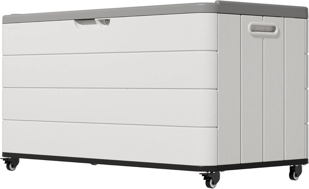 Mrosaa 110 Gallon Deck Box Waterproof with Wheels - Mobile Double-Wall Resin Outdoor Storage Box for Patio, Pool, & Garden - Lockable Deck Storage for Cushions, Pool Floats, Boat Slip (Off-White)