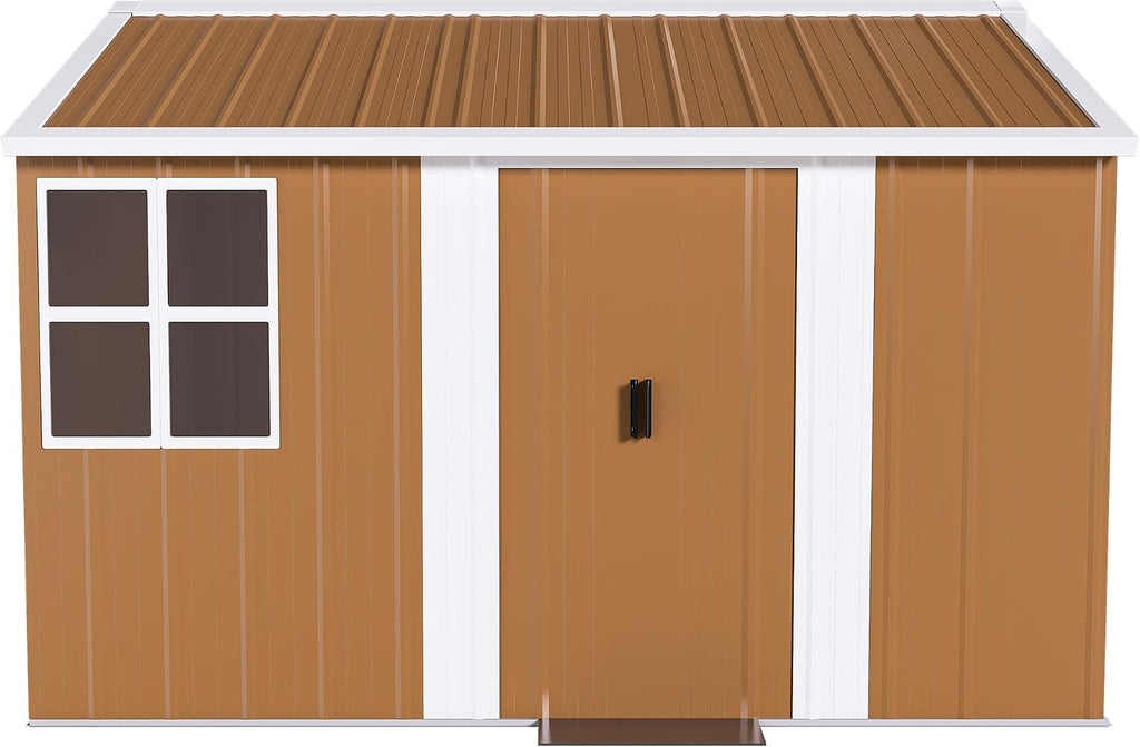 8x10 FT Heavy-Duty Metal Tool Shed with Windows, Lockable Door & Ventilation, Weatherproof Outdoor Garden Storage Shed for Backyard, Lawn, and Tool Organization, Brown