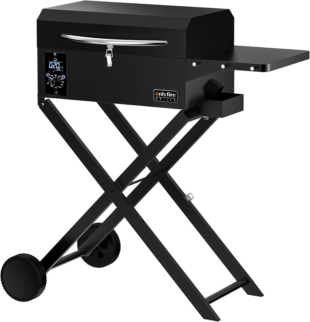 ONLYFIRE GRILLS BBQ Wood Pellet Grill Smoker with Foldable Cart, Meat Probe, 2 Tiers Cooking Area, Portable Grilling Stove for Outdoor Kitchen Cooking Smoke and Roast, RV Camping, Black GS343