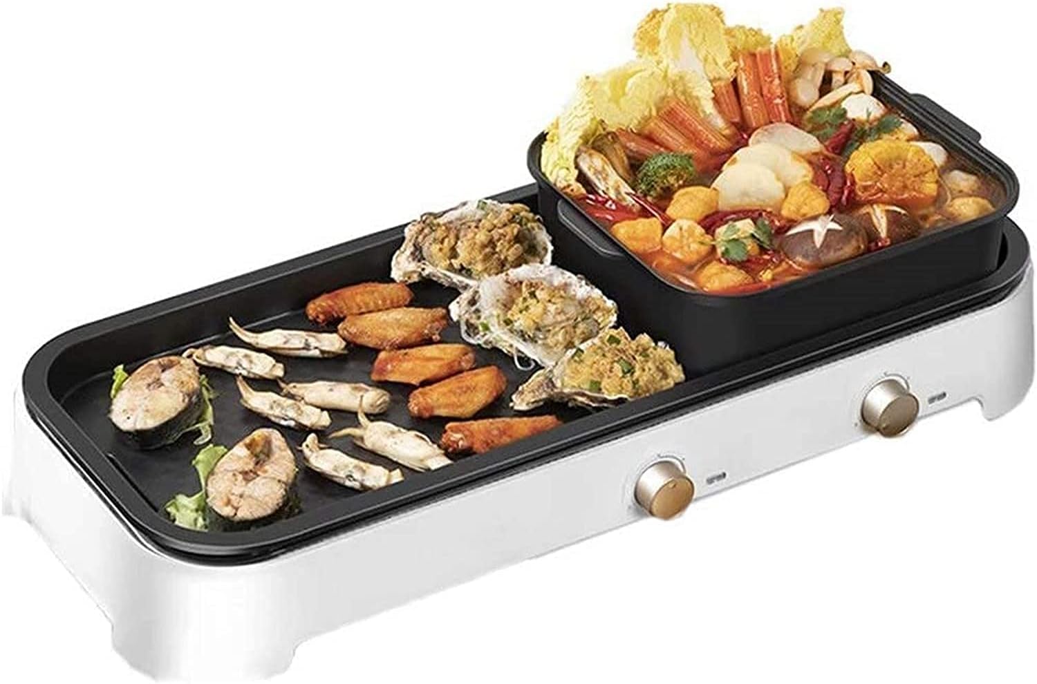 Indoor Korean Barbecue Grill Household BBQ Hot Pot Barbecue 2-in-One Pot 2200W Multi-Person Frying Pan Large Capacity Multi-Function Electric Barbecue,White,55X25X13Cm,Portable Nonstick Griddle