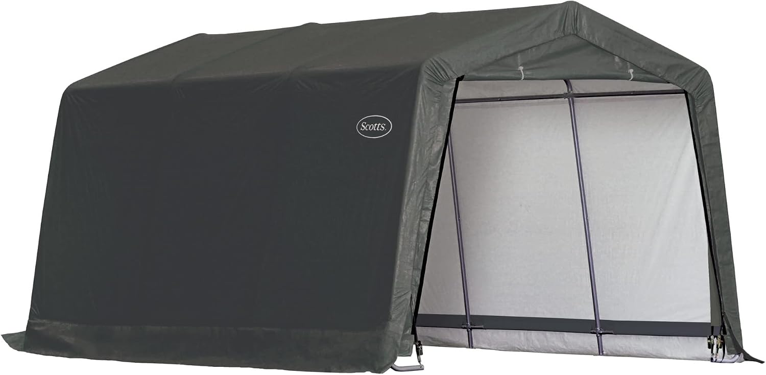 Scotts 10' x 15' x 8' All Season Outdoor Storage Shed with Waterproof Cover, Green