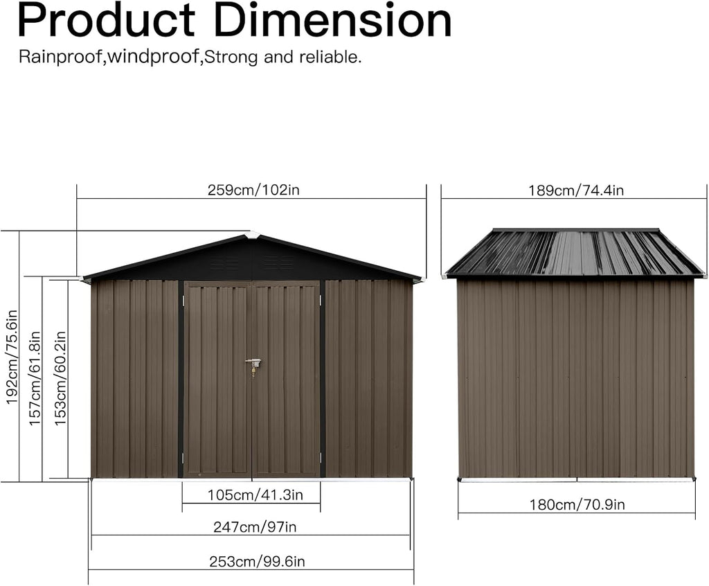 Metal Outdoor Storage Shed 8 x 6 FT, Steel Utility Tool Shed Storage House with Sloping Roof and Lockable Door, Waterproof Garden Storage Tool Shed for Backyard Patio Lawn (Brown, 8X6 FT)