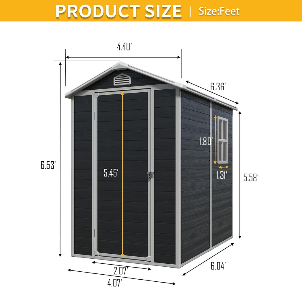 YOPTO 4x6 FT Outdoor Storage Shed,Garden Shed with Floor & Window,All Weather Waterproof Tool House W/Air Vent,Sloped Roof & Lockable Door,for Patio,Yard,Lawn,Black