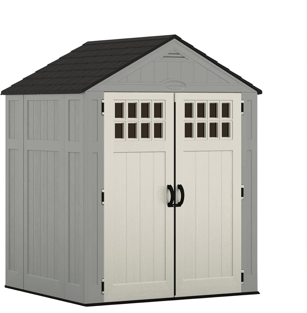 Suncast Everett 6' x 5' Heavy-Duty Resin Outdoor Storage Shed with Pad-Lockable Double Doors and Windows, All-Weather Shed for Yard Storage, Dove Gray