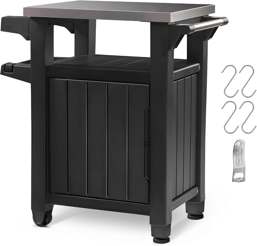 Keter Unity Portable Outdoor Table and Storage Cabinet with Hooks for Grill Accessories-Stainless Steel Top for Patio Kitchen Island or Bar Cart
