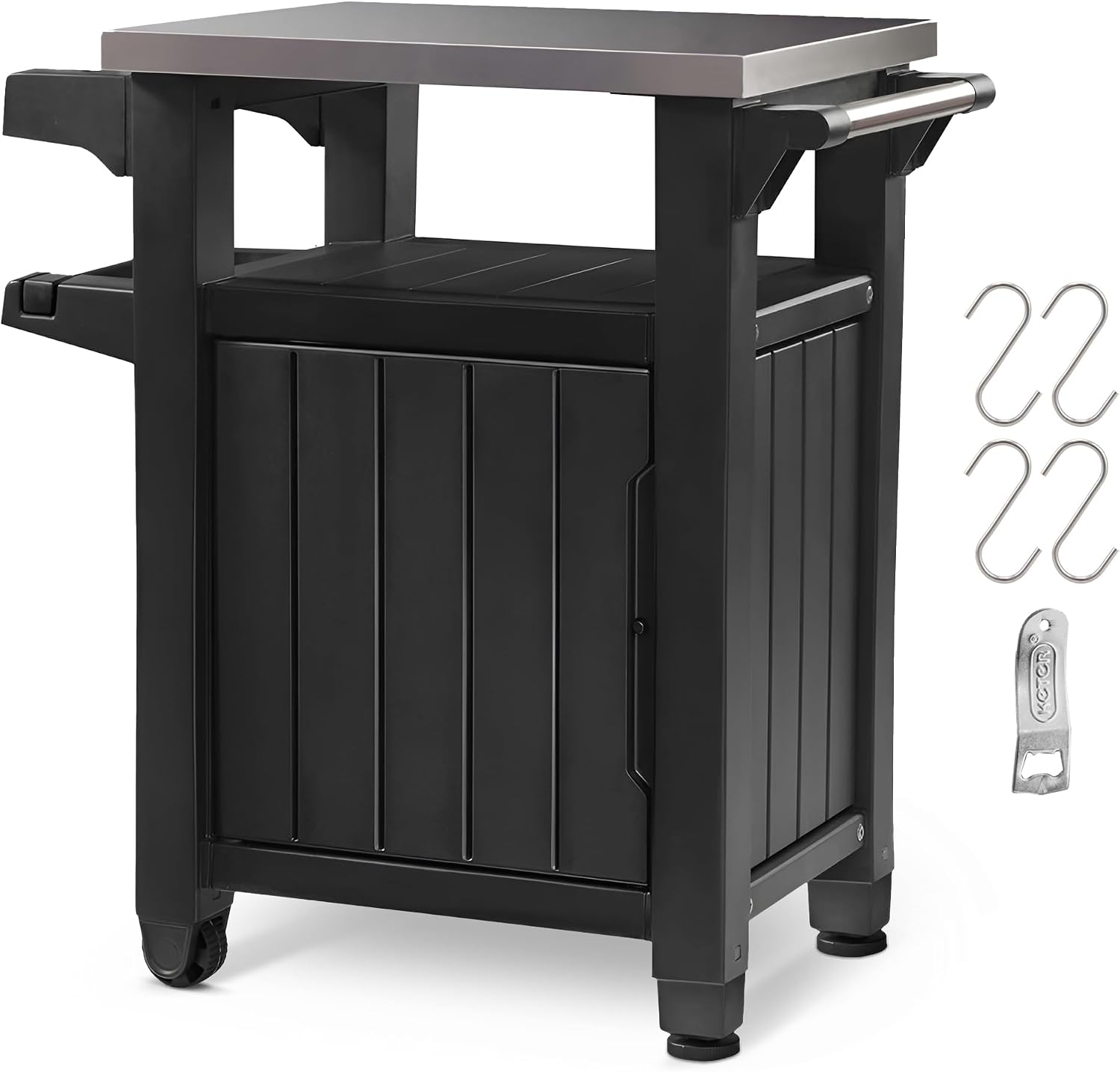 Keter Unity Portable Outdoor Table and Storage Cabinet with Hooks for Grill Accessories-Stainless Steel Top for Patio Kitchen Island or Bar Cart