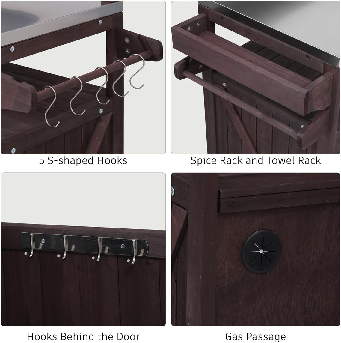 Outdoor Kitchen Island with Stainless Steel Top & Raised Shelf, Rolling Grill Cart with Spice & Towel Rack, Outdoor Island Table with Storage Cabinet & Hooks (Brown)