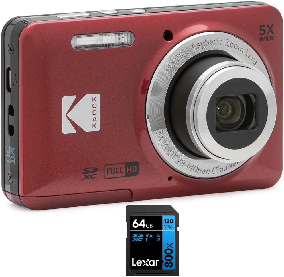 Kodak FZ55RD PIXPRO Digital Camera Red Bundle with Lexar 64GB High-Performance 800x UHS-I SDHC Memory Card Blue Series