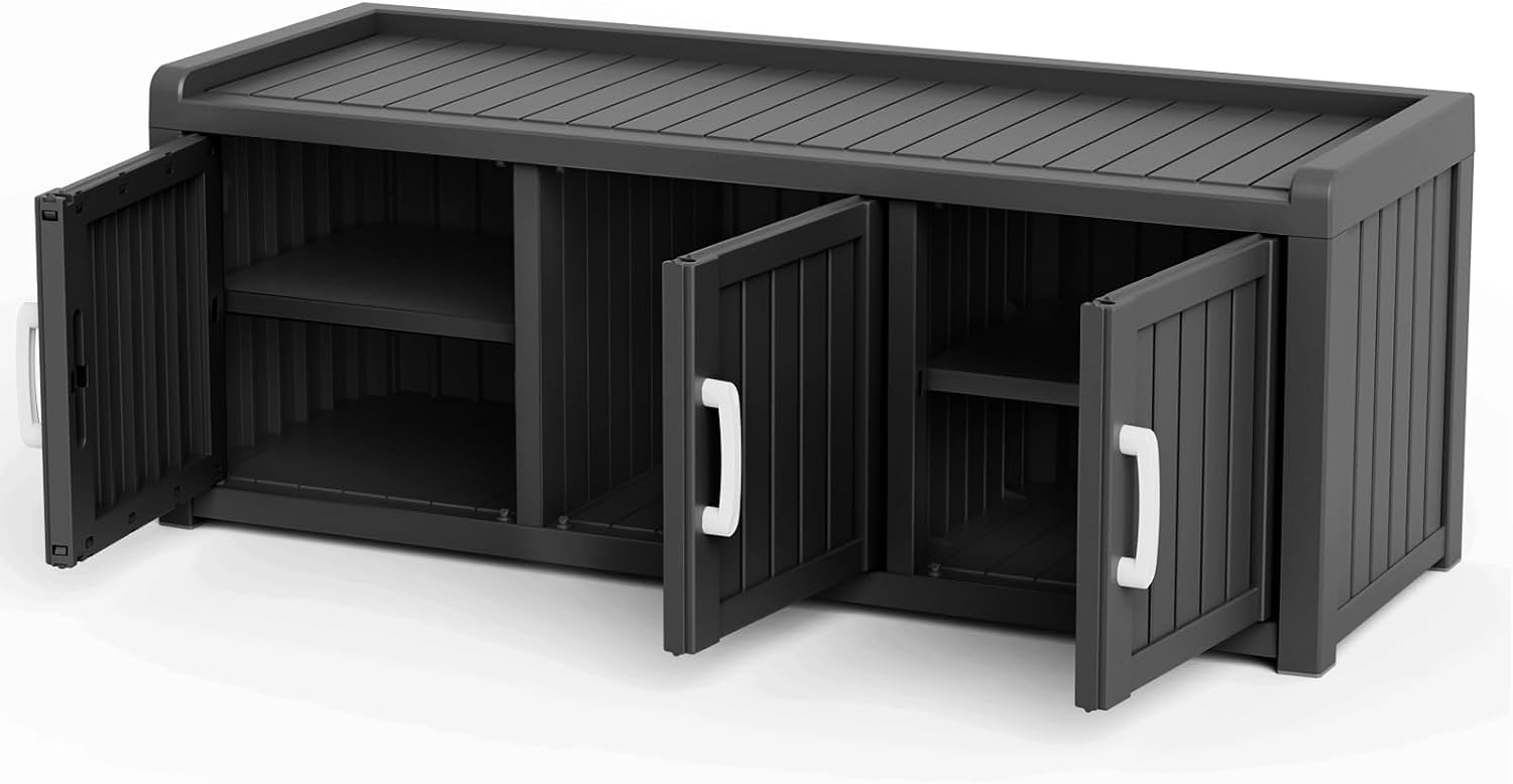 3 Doors Shoe Bench, Waterproof & UV-Resistant, Resin Shoe Cabinet Indoor & Outdoor Use, Entryway Bench with Adjustable Shelves & Hidden Storage Space for Bedroom, Hallway, Black