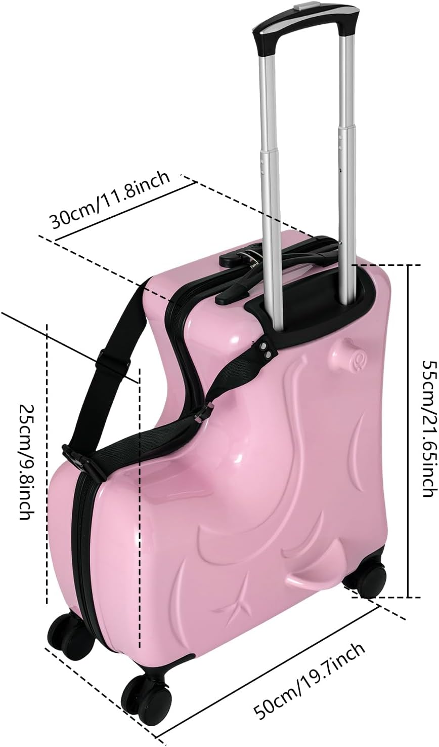 20In Portable Kids Luggage, 4 Wheels Ride-on Suitcase for Kids with Combination Lock and Safety Belt Kids Ride On Luggage Load-Bearing to 66Lbs for Travel and Business Trips
