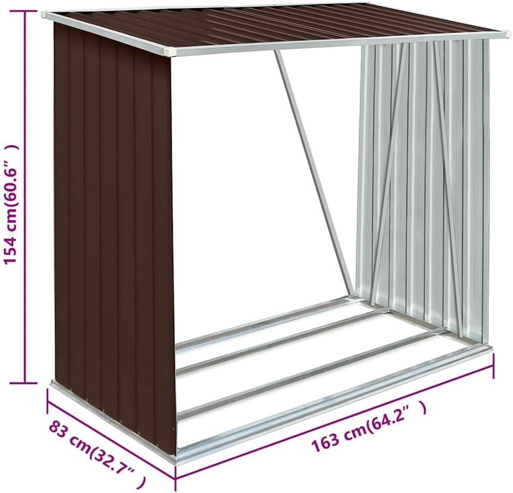 vidaXL Log Storage Shed, Log Holder with Roof, Log Storage Shed, Firewood Rack for Backyard Garden Patio Porch, Brown Galvanized Steel 64.2'