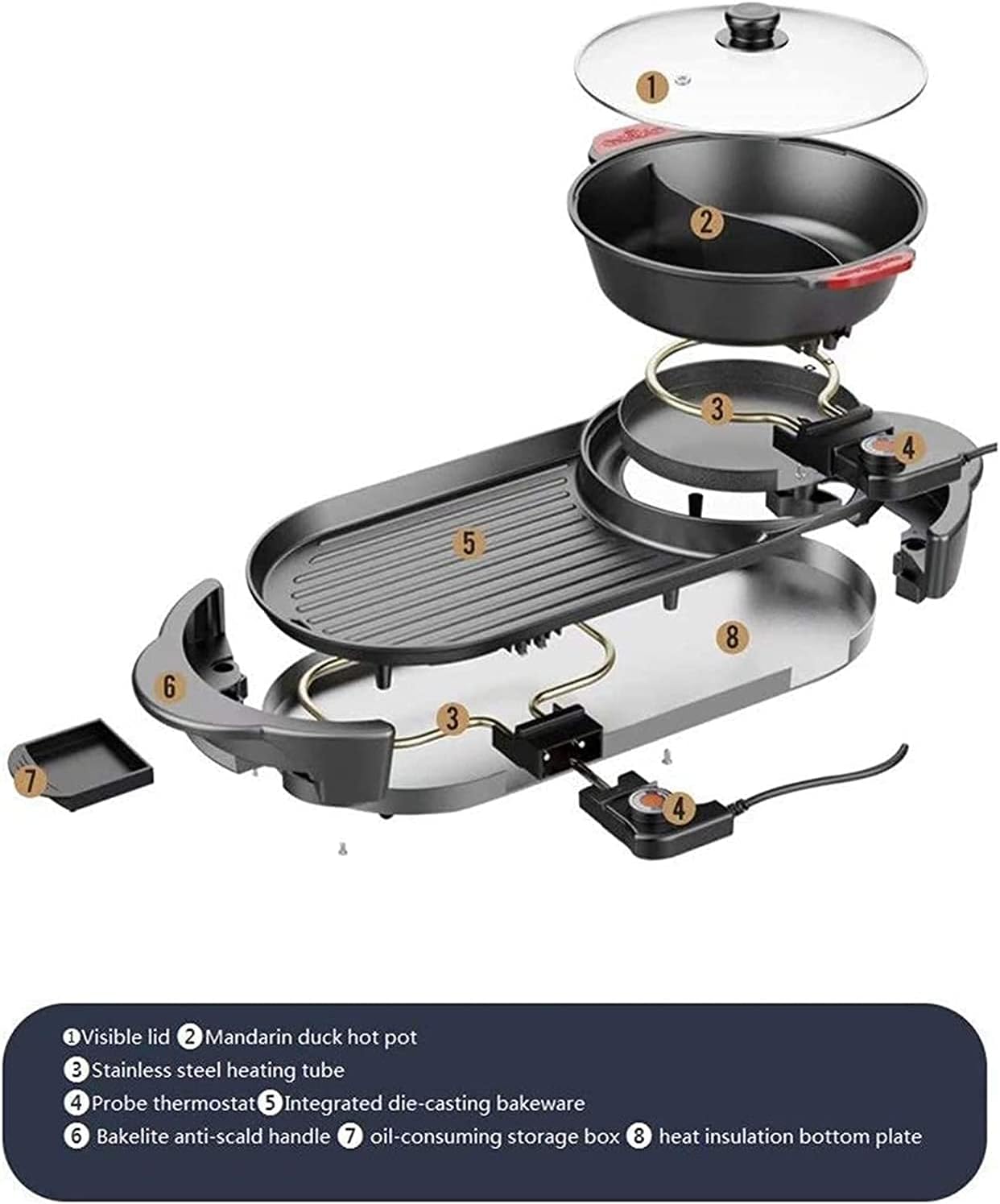 Indoor Korean Barbecue Grill Multifunctional BBQ Hot Pot Double Pot Integrated Kitchen Pot Separable Electric Hot Pot Electric Baking Tray,Black 1,65 * 26Cm,Portable Nonstick Griddle (Color : Black 2