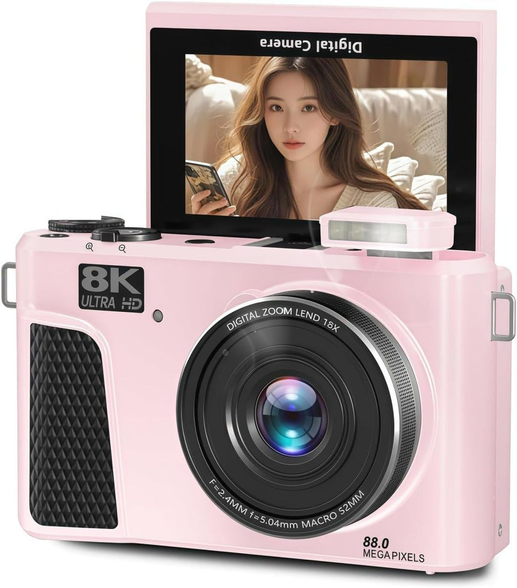 PUSOKEI 8K Digital Camera, Auto Focus 88MP Cameras for Photography, 18x Zoom WiFi Vlogging Camera, 3 inch Flip Screen, with Webcam Mode, Filter, Multiple Filters LED Fill Light (Pink)