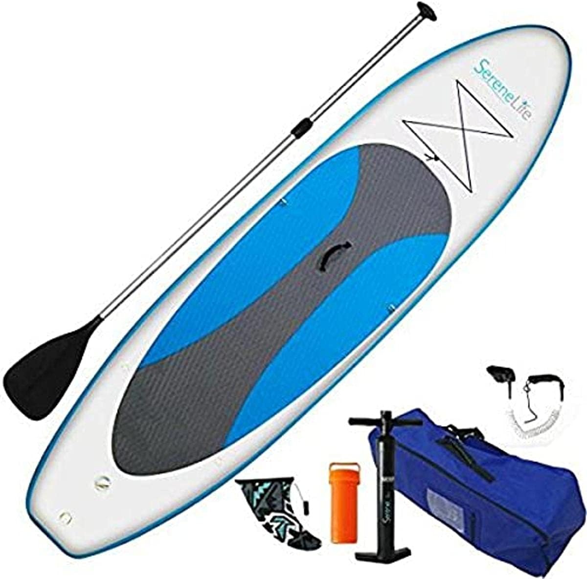SereneLife Inflatable Stand Up Paddle Board with Premium SUP Accessories – Wide Stable Design with Non-Slip EVA Deck Pad for Adults and Youth of All Skill Levels, 350 lbs Capacity