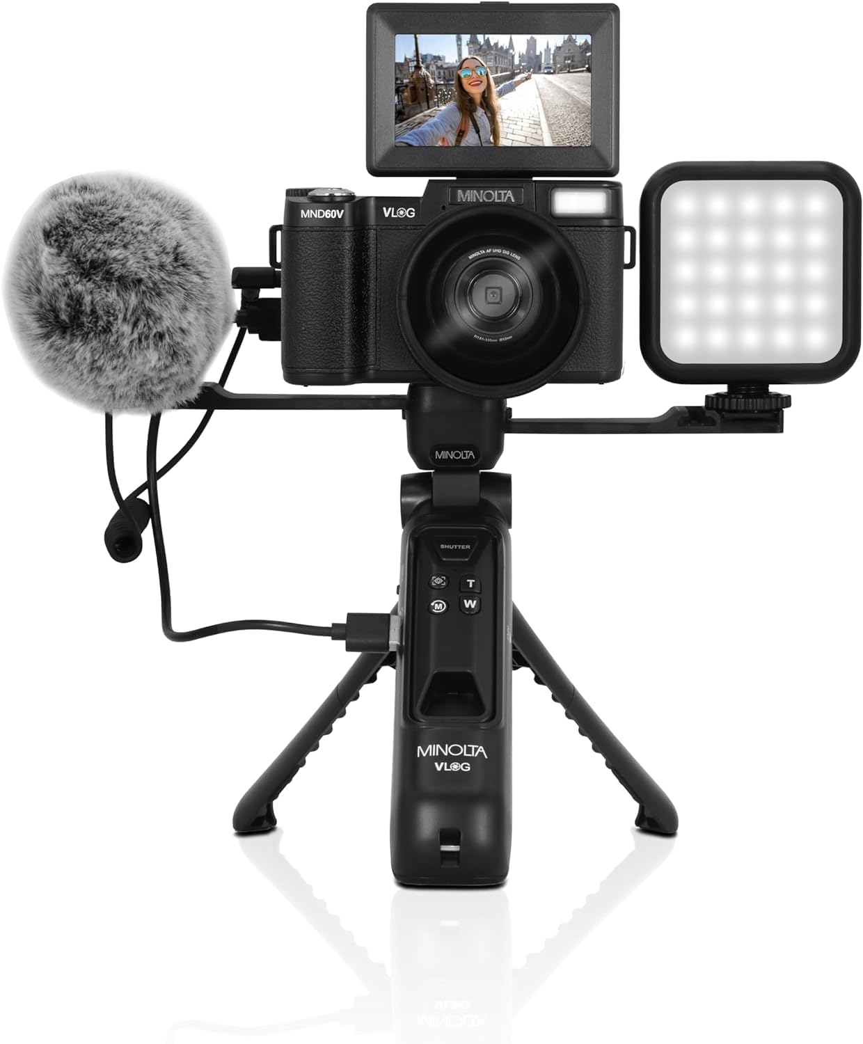 Minolta MND60V 64 MP Autofocus 4K Digital Vlogging Camera / 60FPS Ultra HD Vlogger & Content Creator's Kit (Black) Bundle with 64GB Memory Card + Vlog Tripod + More Accessories