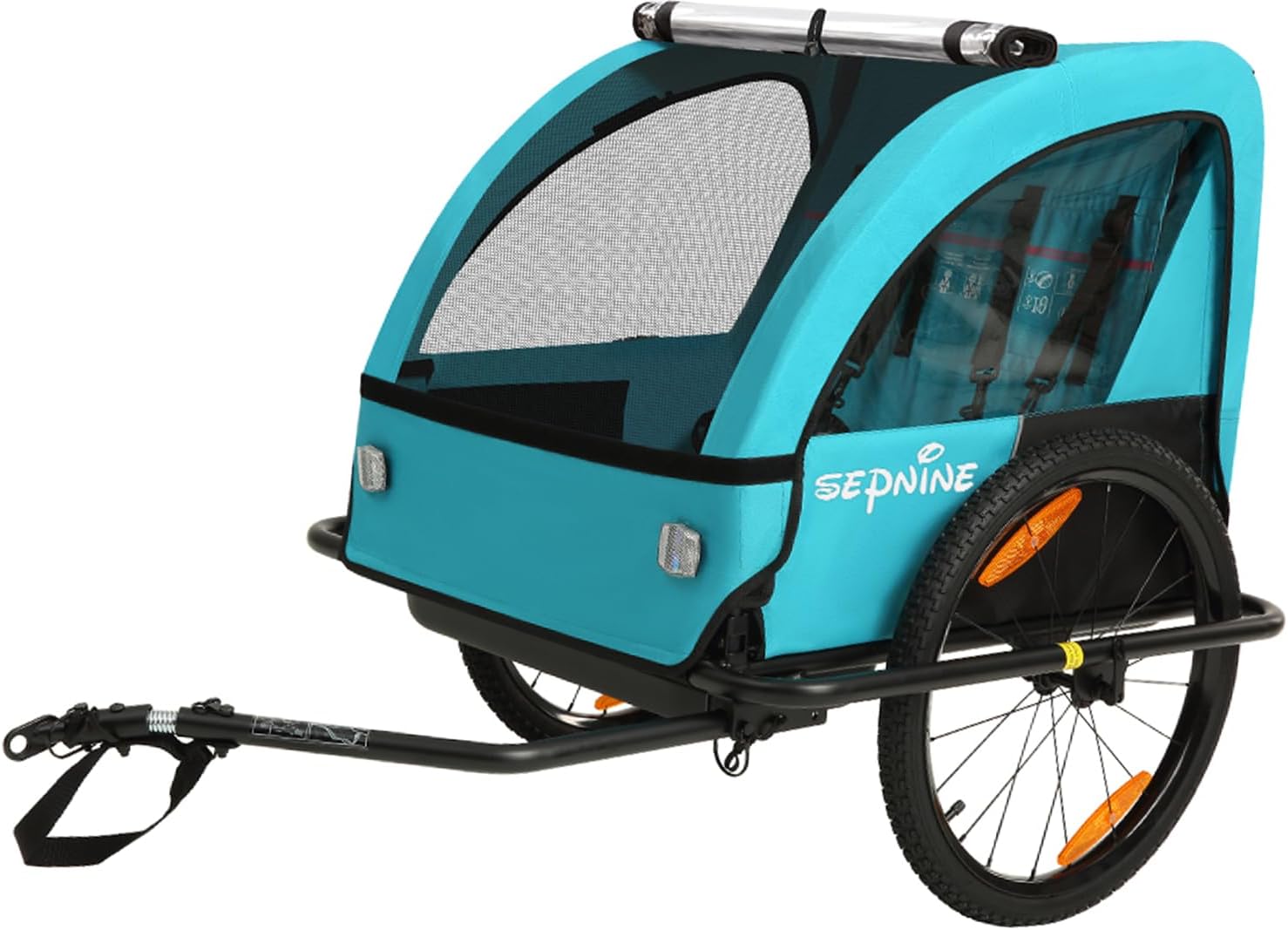 Sepnine Kids Bike Trailer, Suitable for 1 to 2 Children, Double Seat, Universal Coupler, Foldable, Canopy with Bug Screen and Weather Shield, with 5-Point Harness and Storage Bags