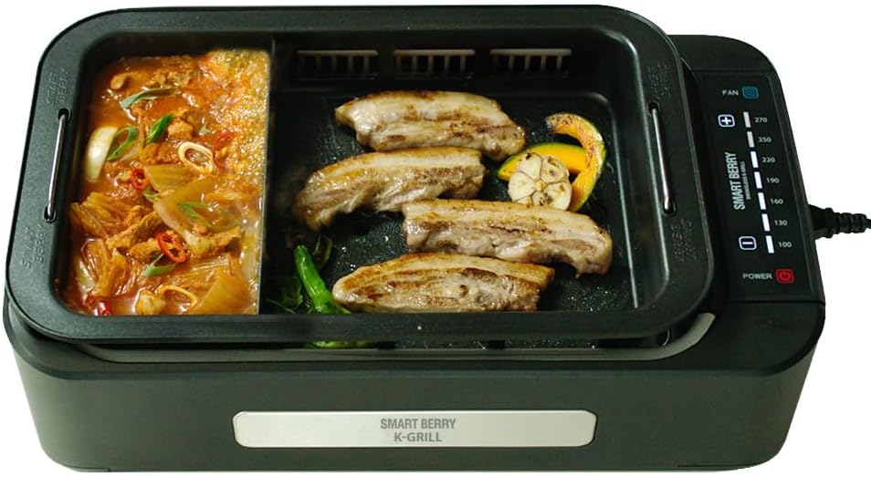 SMART BERRY 3 in 1 Smokeless Electric Indoor Grill, Nonstick Grill/Griddle Plates, Jjamjjapan, Glass Lid, Portable Korean BBQ Grill with 7-Level Control (Jjamjjapan set Black)