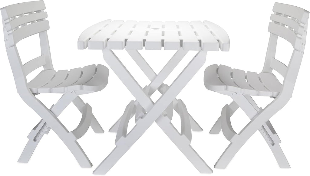 Camco Outdoor Table and Chair Set | Features Foldable Design for Compact RV Storage and Organization | Great for Camping, Events, Patios, and More | No-Tool Assembly | 3-Piece, White (51640)