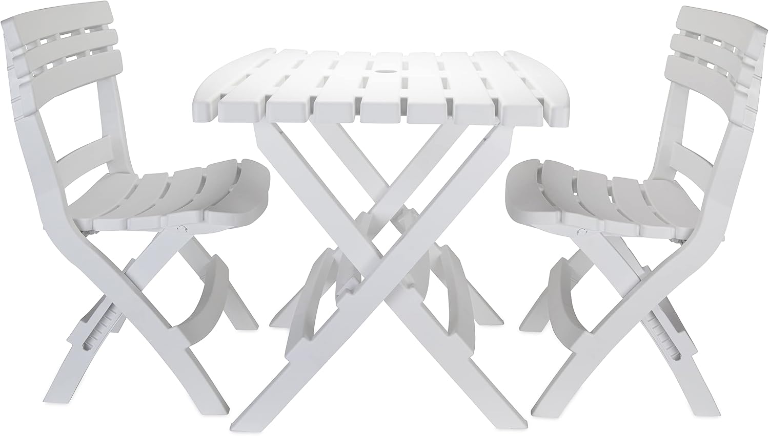 Camco Outdoor Table and Chair Set | Features Foldable Design for Compact RV Storage and Organization | Great for Camping, Events, Patios, and More | No-Tool Assembly | 3-Piece, White (51640)