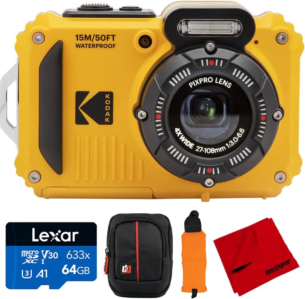 Kodak PIXPRO Astro Zoom WPZ2 16.4MP Digital Camera, 3' LCD Bundle with Lexar 64GB Memory Card, Deco Photo Camera Case, Vivitar Orange Camera Wrist Strap and Microfiber Cleaning Cloth