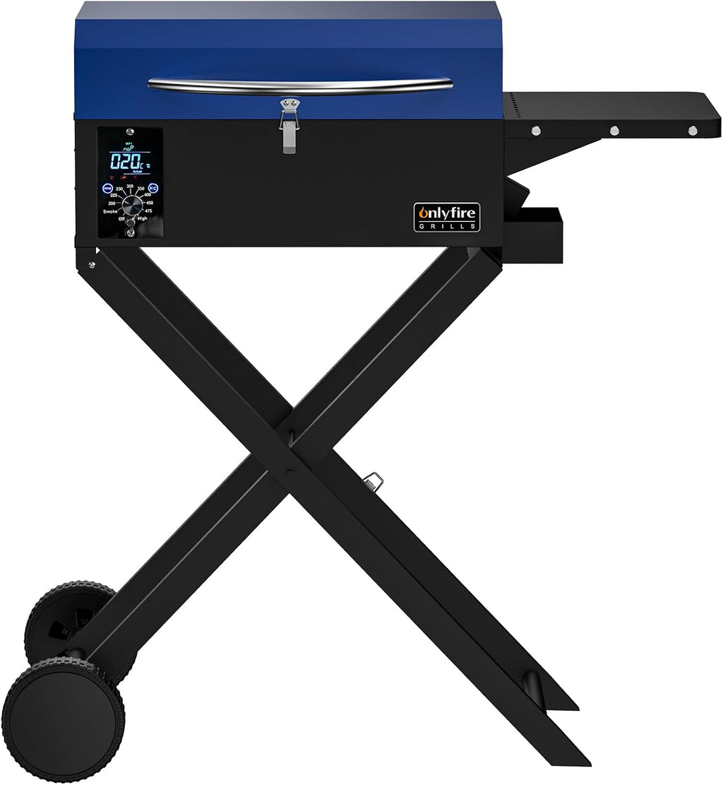 ONLYFIRE GRILLS BBQ Wood Pellet Grill Smoker with Foldable Cart, Meat Probe, 2 Tiers Cooking Area, Portable Smoking Grilling Stove for Outdoor Patio Cooking, RV Camping Tailgating, Blue GS342