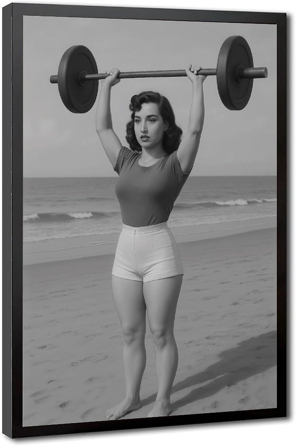 Vintage Woman Weightlifting, Woman Bodybuilder , Black And White , Beach Fitness Art Poster Canvas Poster Wall Art Decor Print Picture Paintings for Living Room Bedroom Decoration Black Frame 24x36in(