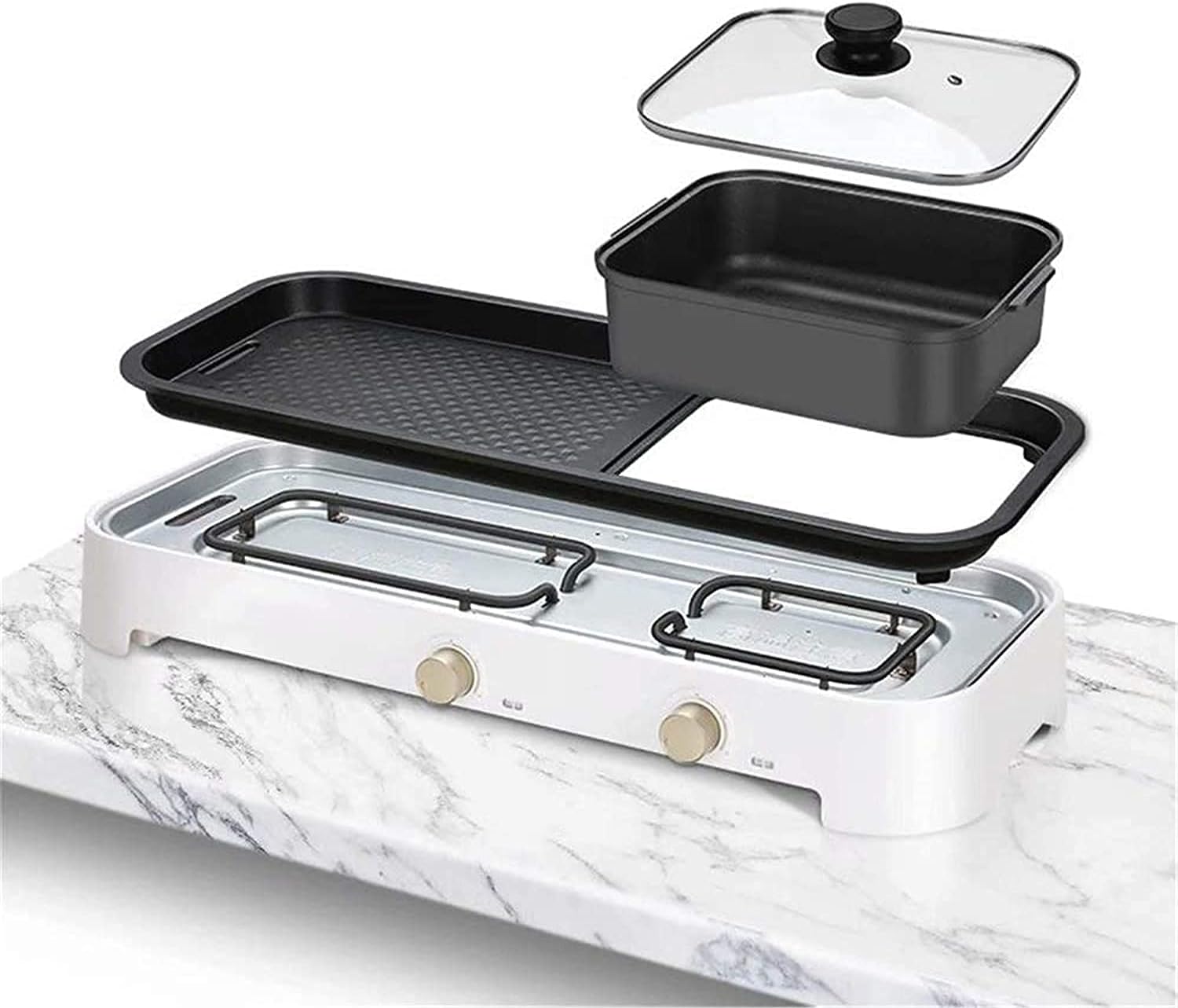 Indoor Korean Barbecue Grill Household BBQ Hot Pot Barbecue 2-in-One Pot 2200W Multi-Person Frying Pan Large Capacity Multi-Function Electric Barbecue,White,55X25X13Cm,Portable Nonstick Griddle