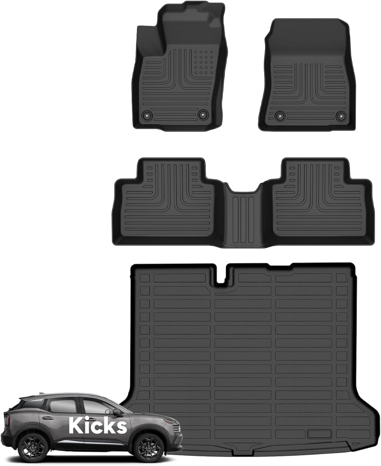 Wayhigh® Floor Mats & Cargo Liner for 2025 2026 Nissan Kicks S (Fit SV/SR with The Cargo Tray in The Lowest Position) All Weather TPE Car Mats Waterproof Duty Floor Liners Kicks Accessories- Black