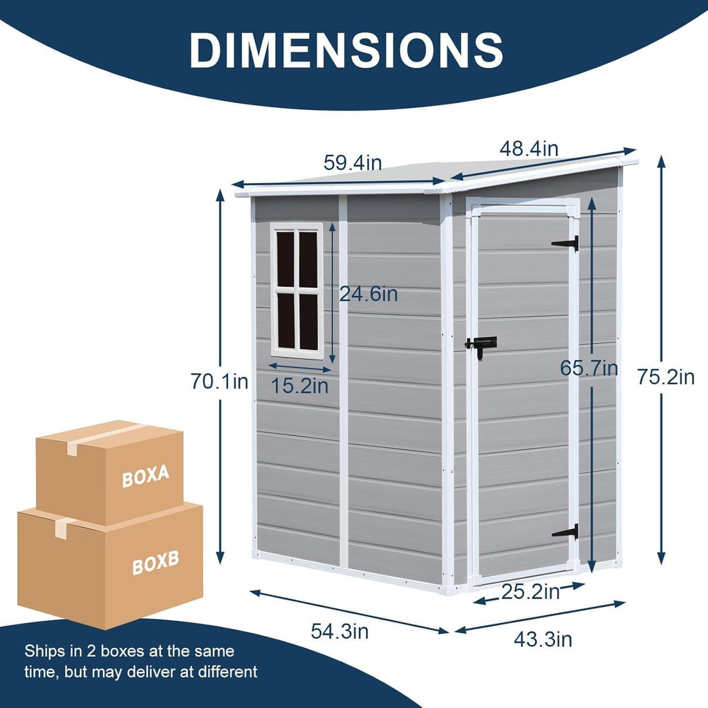 CDCASA 5x4 FT Resin Storage Shed, Waterproof Sheds & Outdoor Storage with Floor & Window & Lockable Door, Tool Shed for Garden, Patio, Backyard, Light Grey