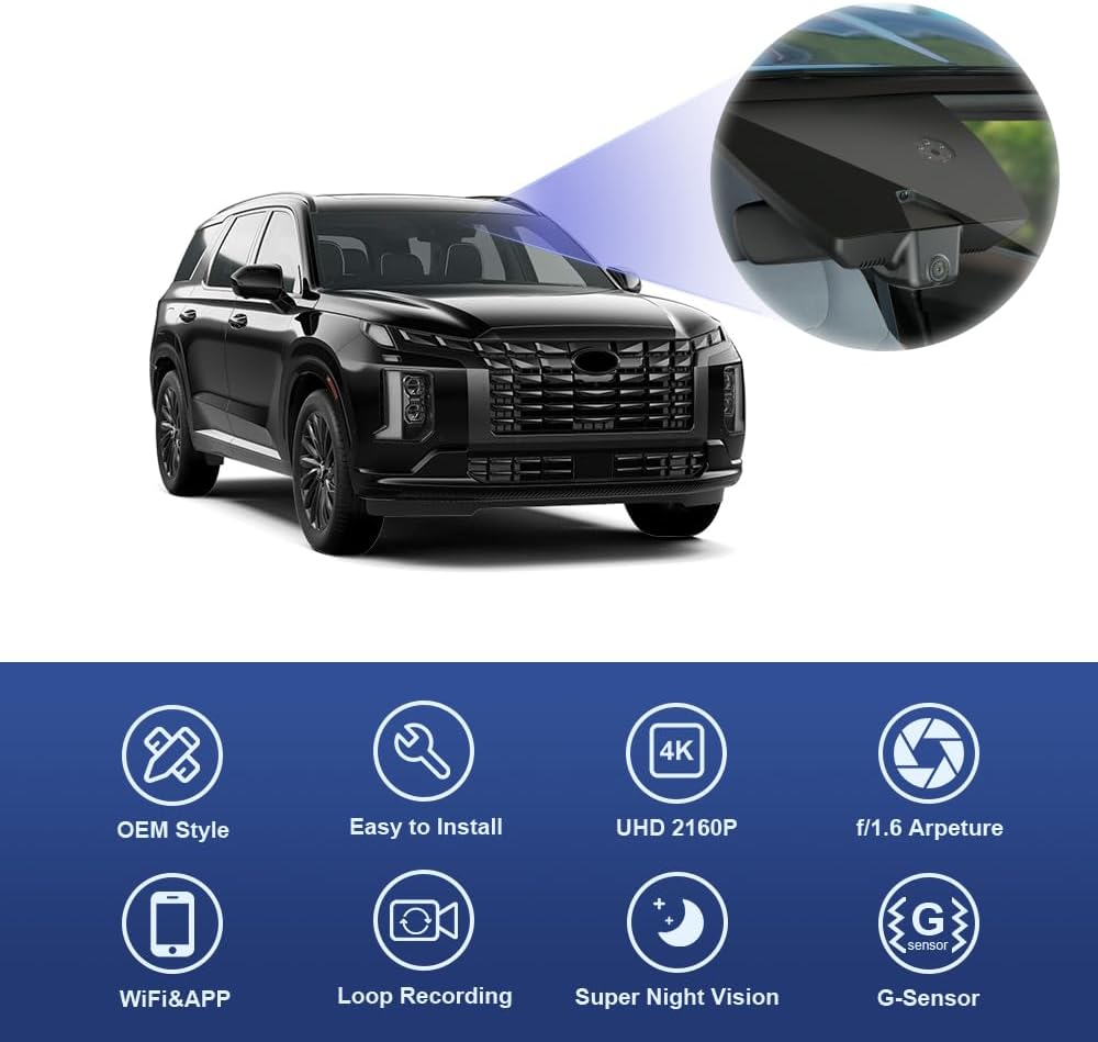 Fitcamx 4K Dash Cam Suitable for Hyundai Palisade 2023-2025 (Part No#S8711) SE SEL Limited XRT Calligraphy, OEM Look, 2160P UHD Video, WiFi & APP, Loop Recording, G-Sensor, Easy to Install, 64GB Card