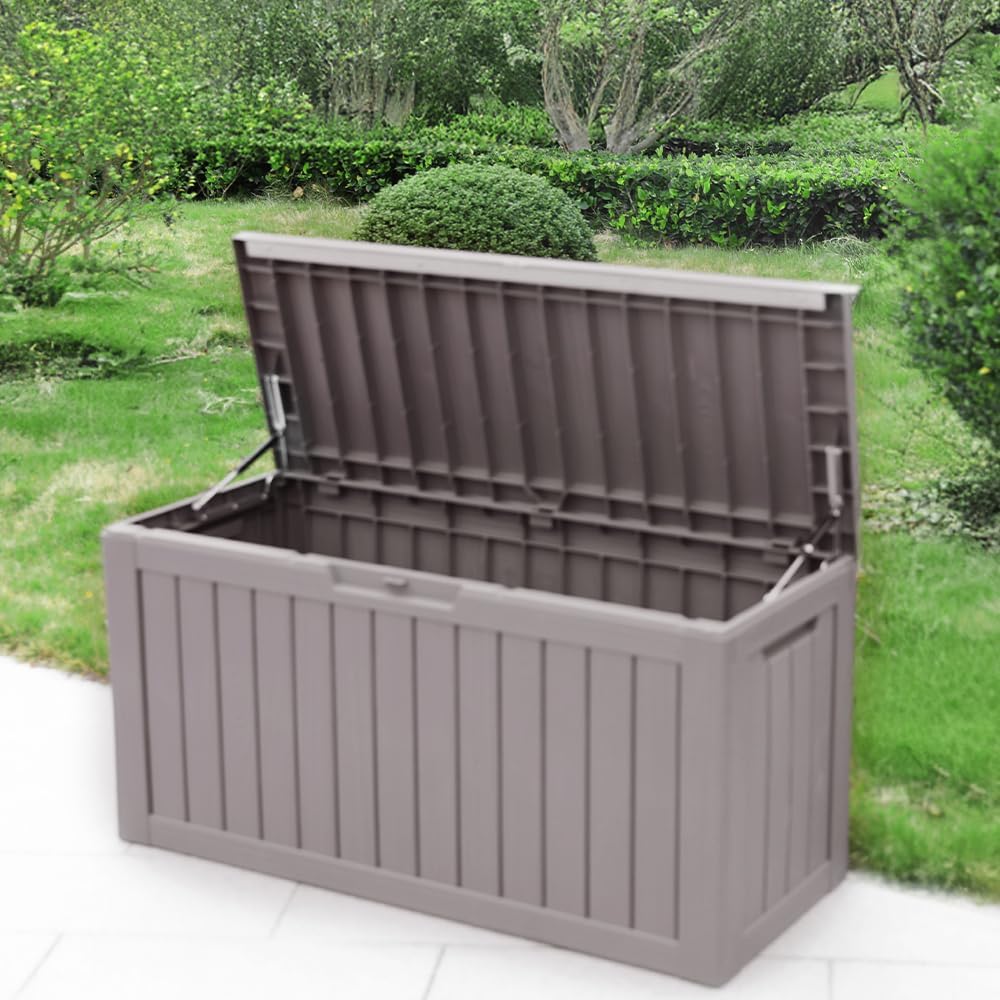 BTEXPERT 80 Gallon Deck Box Outdoor Storage Container with Metal Support Rods for Patio Furniture Garden Tools Cushions Waterproof Lockable UV Resistant Set of 2