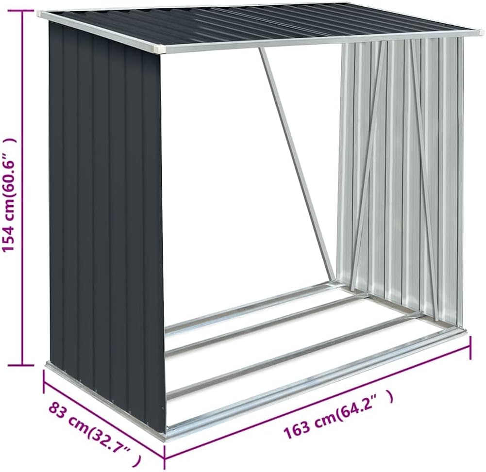 vidaXL Log Storage Shed, Log Holder with Roof, Log Storage Shed, Firewood Rack for Backyard Garden Patio Porch, Anthracite Galvanized Steel 64.2'